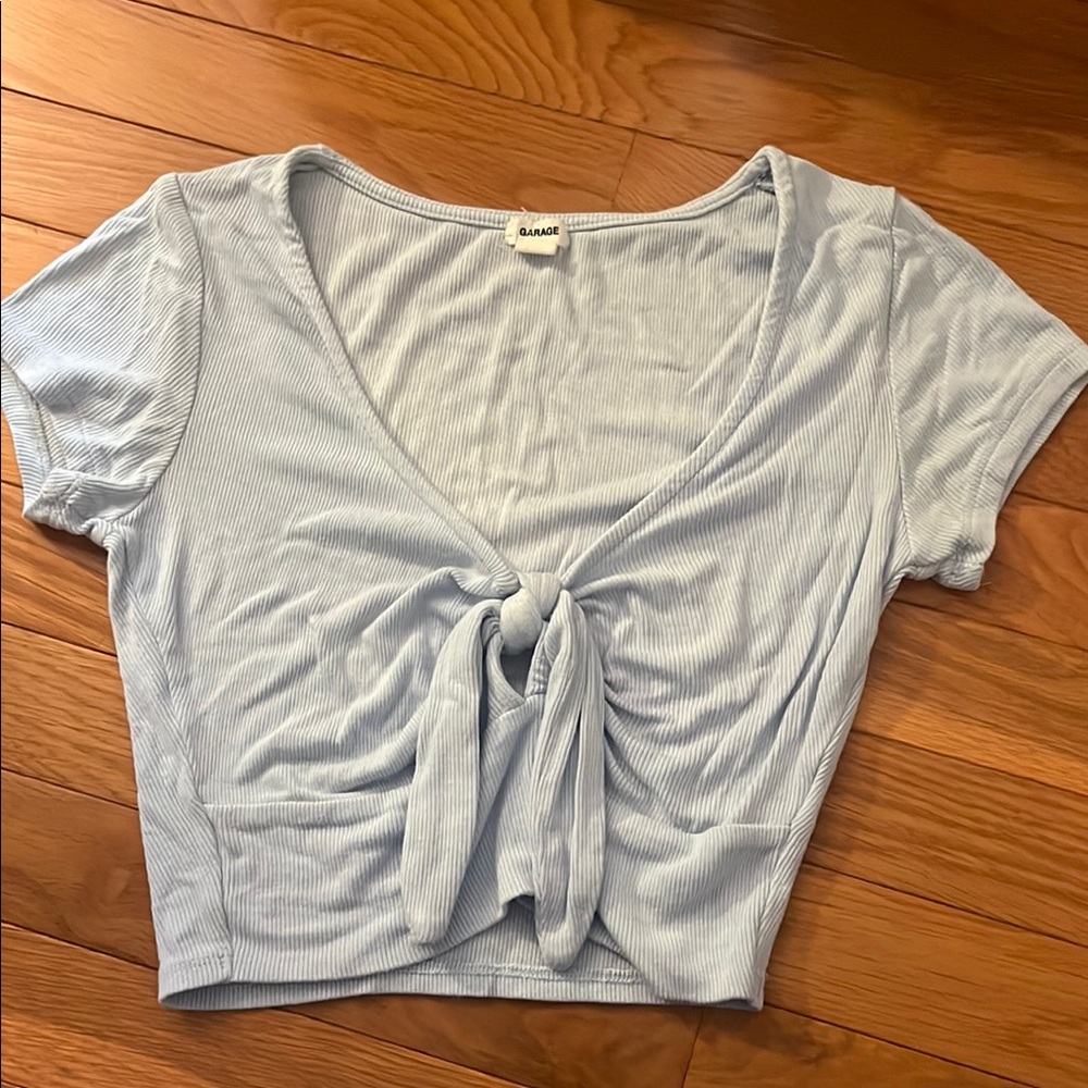 Blue Ribbed Tie-Front Top